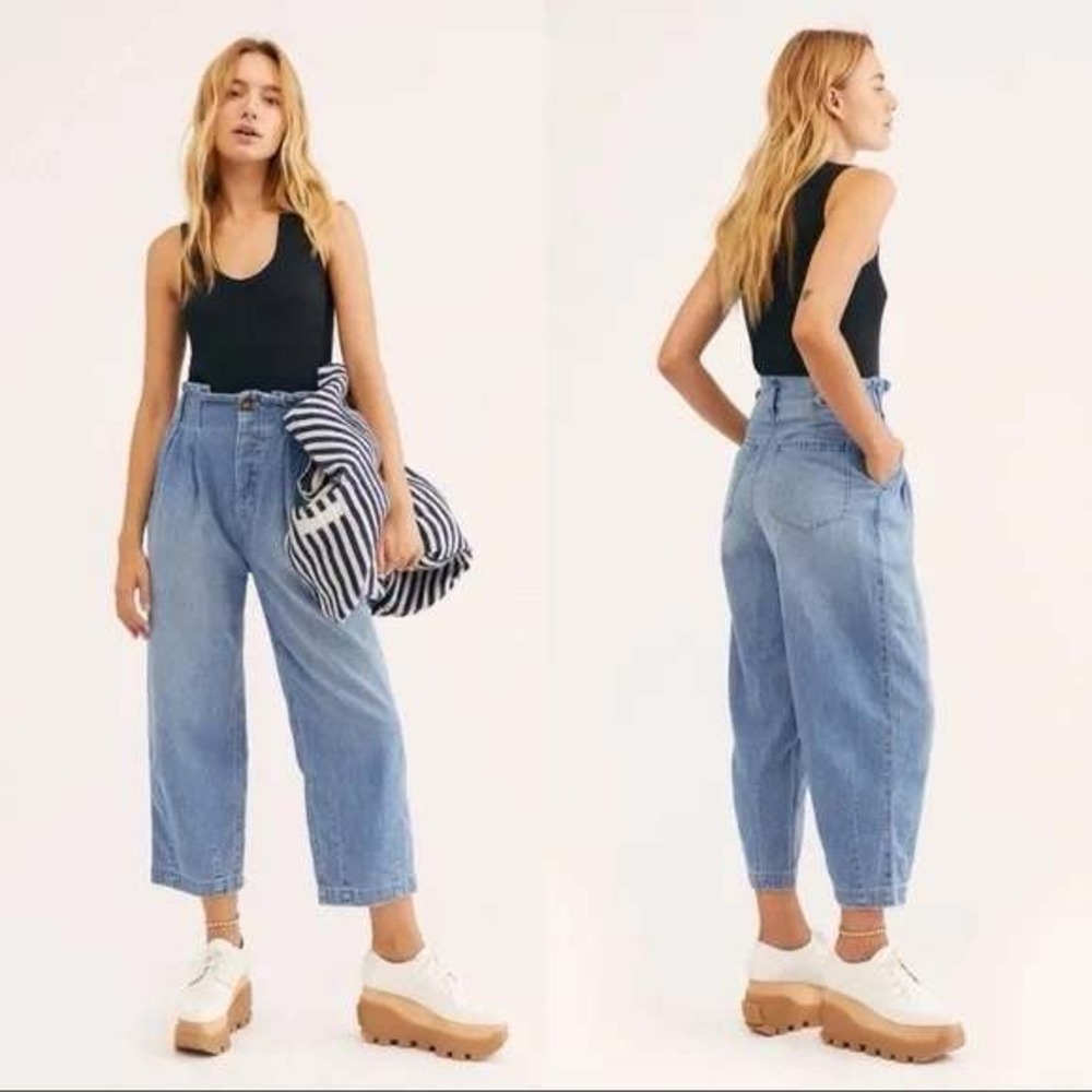Free People Pleated Wide Leg Jeans Cotton Linen Blend in Caspian Sea Size2